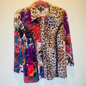Max & Rina Mob Wife Zippered Long Sleeve Abstract Animal Print Top Womens Size M
